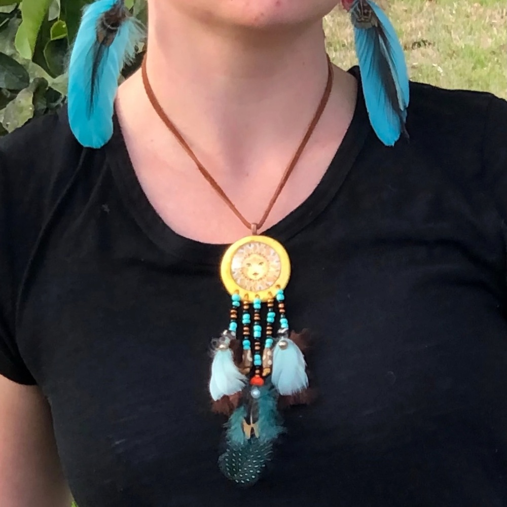 Native American Theme Yellow Sun and Feathers Necklace